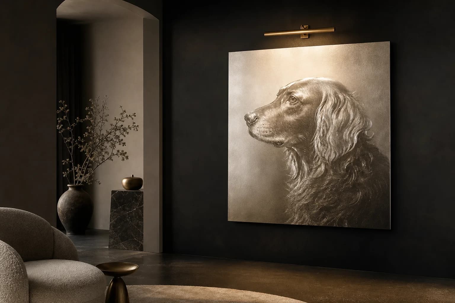 A pet portrait displayed in a refined interior